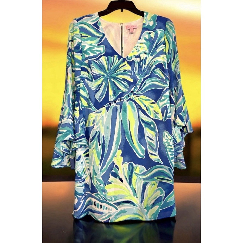 Lilly Pulitzer Rosalia Beckon Blue‎ Palm Passage Flounce Sleeves Dress 0 No Tag